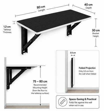 PEDPIX Wall Mounted Folding Table 80 × 40 cm | Space-Saving Foldable Wall Desk