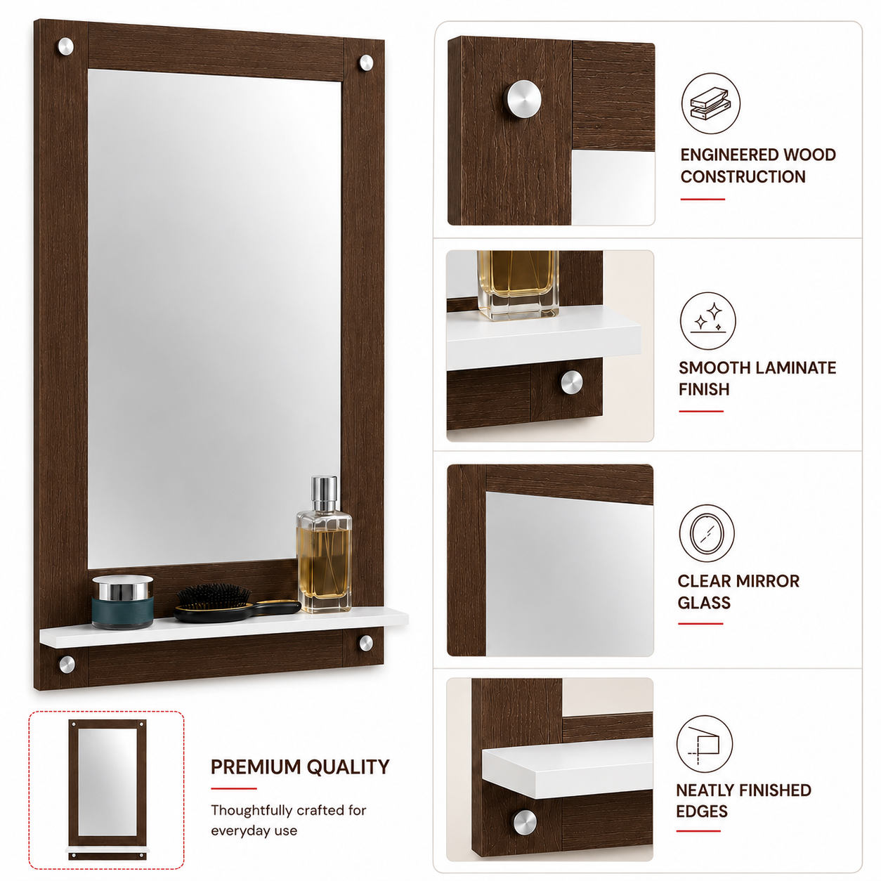PEDPIX Wall Mounted Dressing Mirror with Storage Shelf | Wooden Bathroom & Bedroom Vanity Mirror | Engineered Wood | 72 x 40 cm
