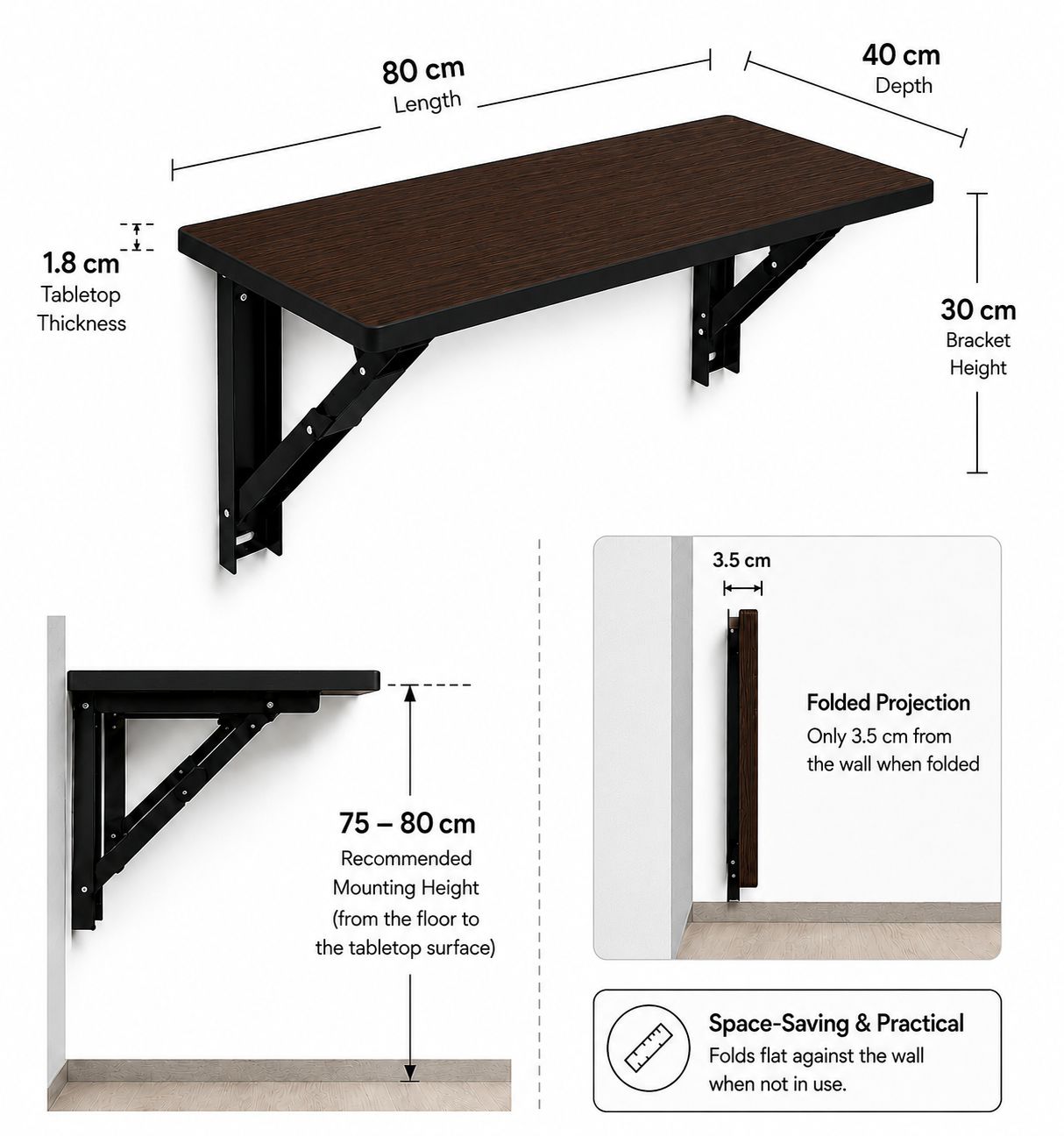 PEDPIX® Wall Mounted Folding Table | 80 × 40 cm | Coffee Venge | Space-Saving Foldable Wall Desk