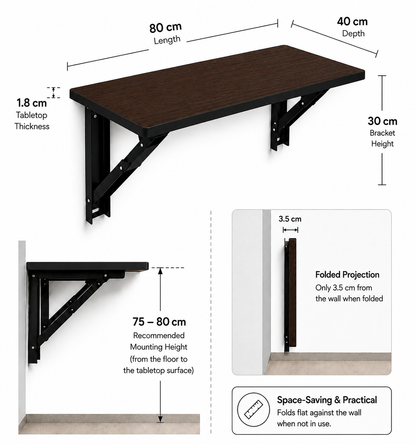 PEDPIX Wall Mounted Folding Table 80 × 40 cm | Space-Saving Foldable Wall Desk