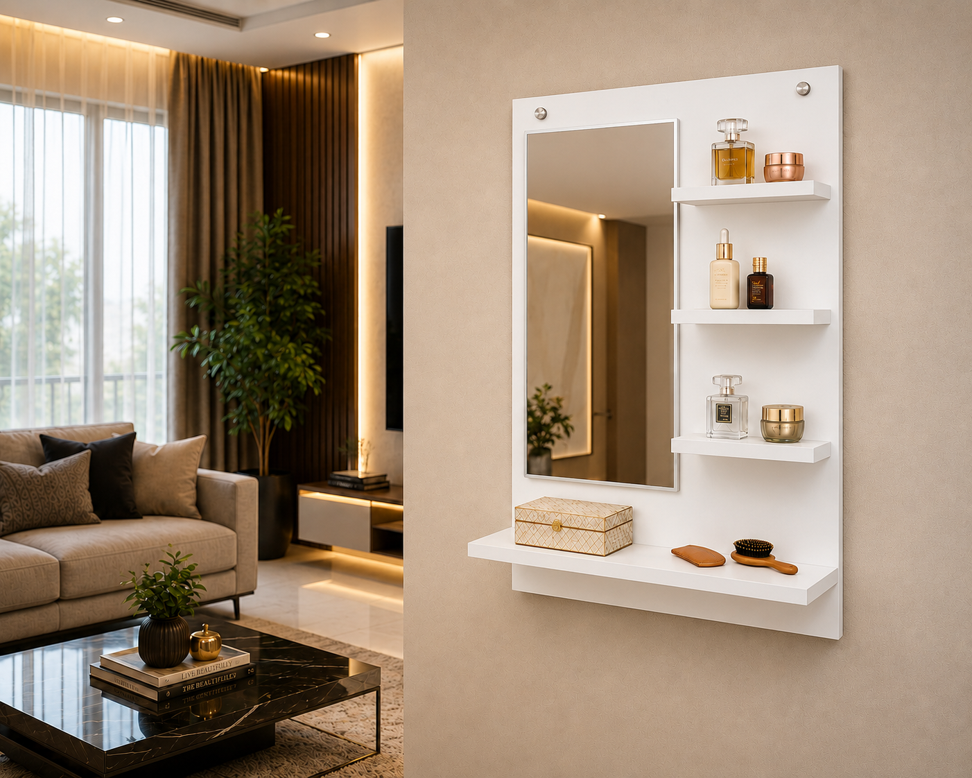 PEDPIX Wall-Mounted Dressing Mirror with Storage Shelves | 80 × 60 cm Space-Saving Vanity Mirror | Engineered Wood | Bedroom & Dressing Room Organizer