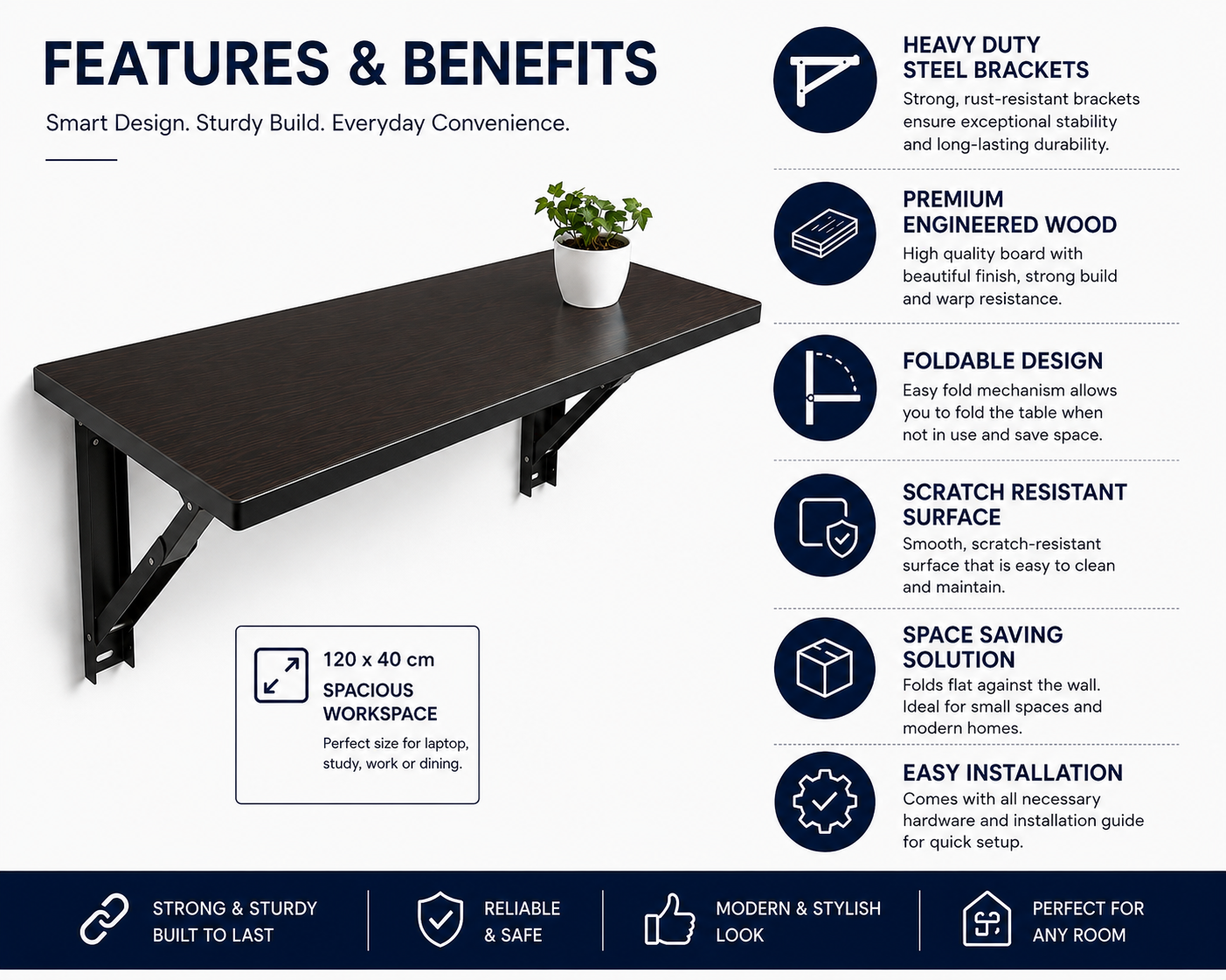 PEDPIX Wall-Mounted Folding Table 120 × 40 cm | Space-Saving Foldable Wall Desk | Engineered Wood | Study, Work & Dining Table