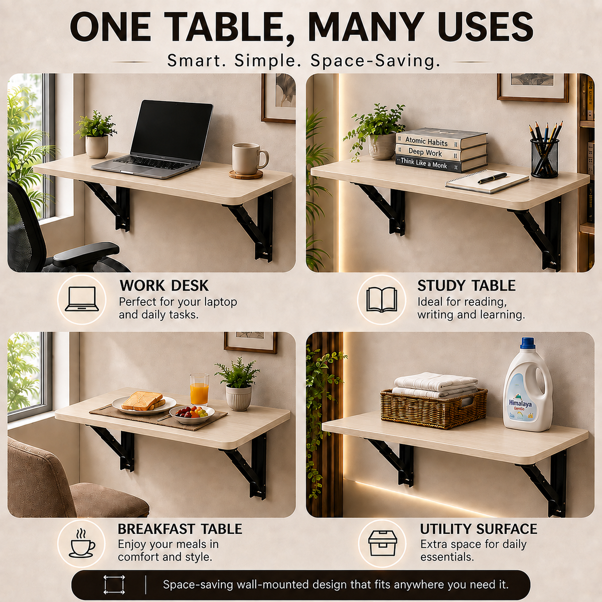 PEDPIX Wall Mounted Folding Table 100 × 40 cm | Space-Saving Foldable Table | Study, Work & Multipurpose Table