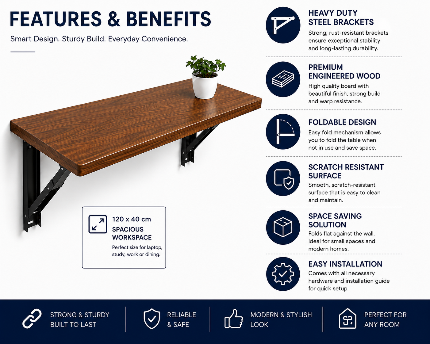 PEDPIX Wall-Mounted Folding Table 120 × 40 cm | Space-Saving Foldable Wall Desk | Engineered Wood | Study, Work & Dining Table