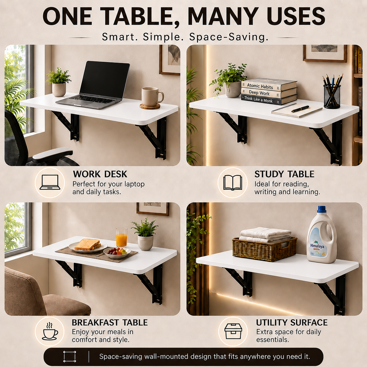 PEDPIX Wall Mounted Folding Table 100 × 40 cm | Space-Saving Foldable Table | Study, Work & Multipurpose Table