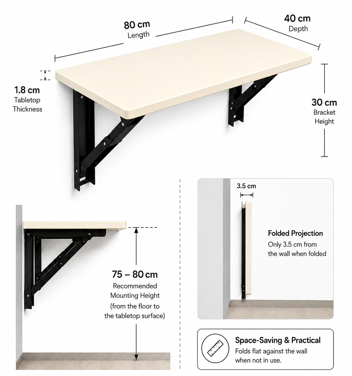 PEDPIX® Wall Mounted Folding Table | 80 × 40 cm | Cream | Space-Saving Foldable Wall Desk