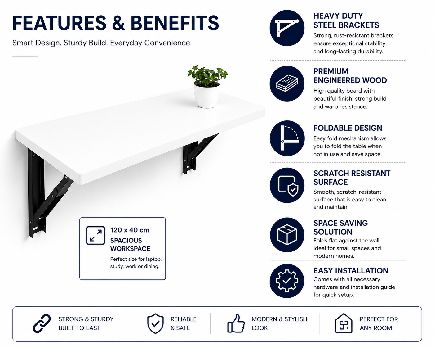 PEDPIX Wall Mounted Foldable Table 120 × 40 cm | White Engineered Wood Folding Wall Desk for Home, Office, Kitchen & Study