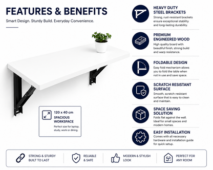 PEDPIX Wall Mounted Folding Table 120 × 40 cm | Space-Saving Foldable Wall Desk