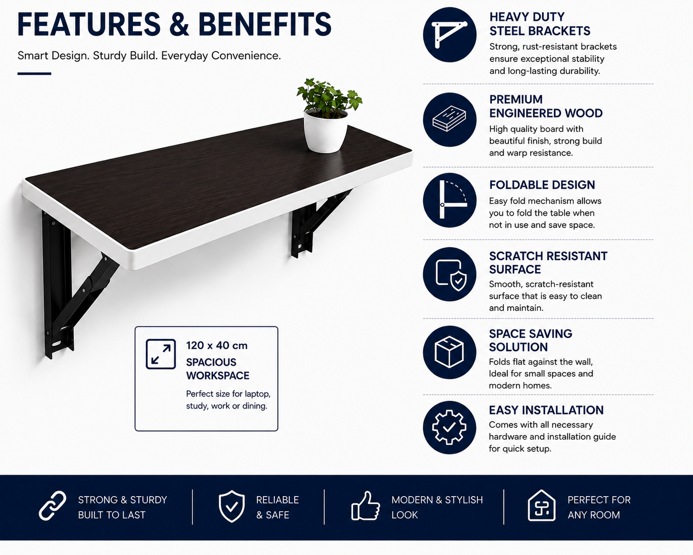PEDPIX Wall-Mounted Folding Table 120 × 40 cm | Space-Saving Foldable Wall Desk | Engineered Wood | Study, Work & Dining Table