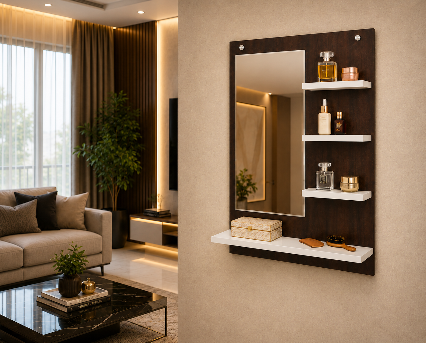 PEDPIX Wall-Mounted Dressing Mirror with Storage Shelves | 80 × 60 cm Space-Saving Vanity Mirror | Engineered Wood | Bedroom & Dressing Room Organizer