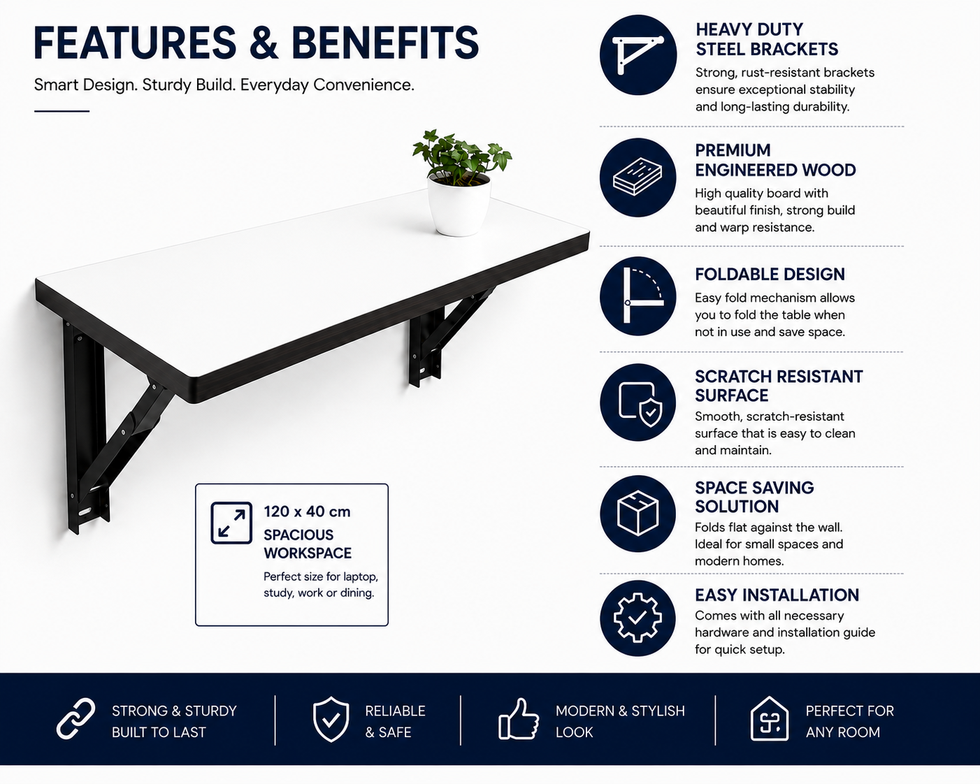 PEDPIX Wall-Mounted Folding Table 120 × 40 cm | Space-Saving Foldable Wall Desk | Engineered Wood | Study, Work & Dining Table