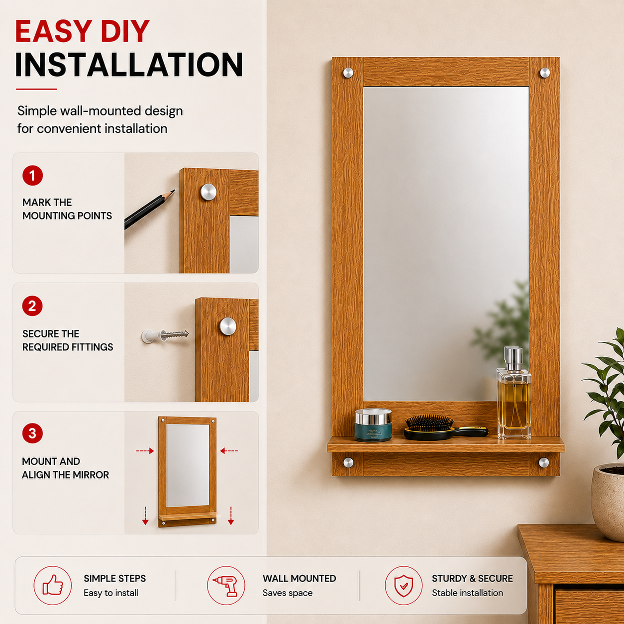 PEDPIX Wall Mounted Dressing Mirror with Storage Shelf | Wooden Bathroom & Bedroom Vanity Mirror | Engineered Wood | 72 x 40 cm