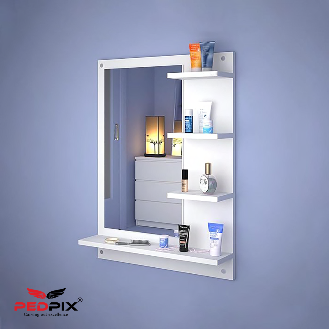 PEDPIX Wall Mirrors with Shelf: Decorative Wall Hanging Dressing Table for Bedroom and Living Room Wall Mounted Engineered Wood Dressing Table(Finish Color -, White, DIY(Do-It-Yourself))