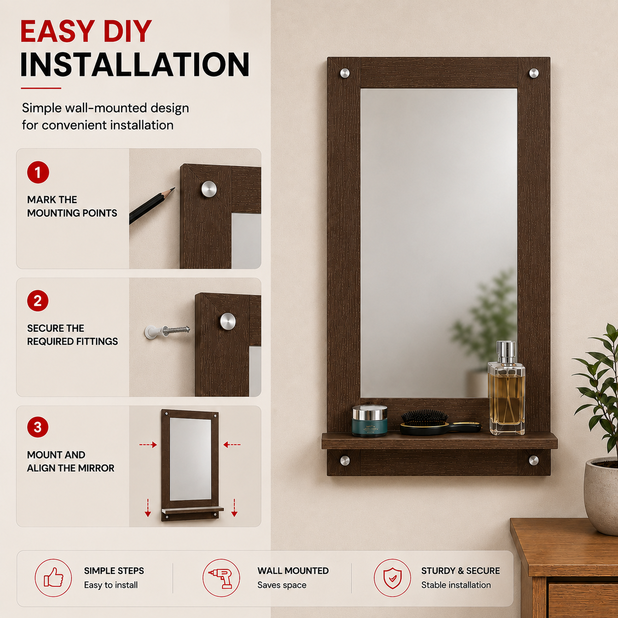 PEDPIX Wall Mounted Dressing Mirror with Storage Shelf | Wooden Bathroom & Bedroom Vanity Mirror | Engineered Wood | 72 x 40 cm