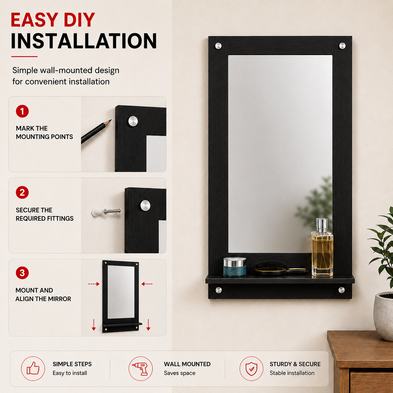 PEDPIX Wall Mounted Dressing Mirror with Storage Shelf | Wooden Bathroom & Bedroom Vanity Mirror | Engineered Wood | 72 x 40 cm