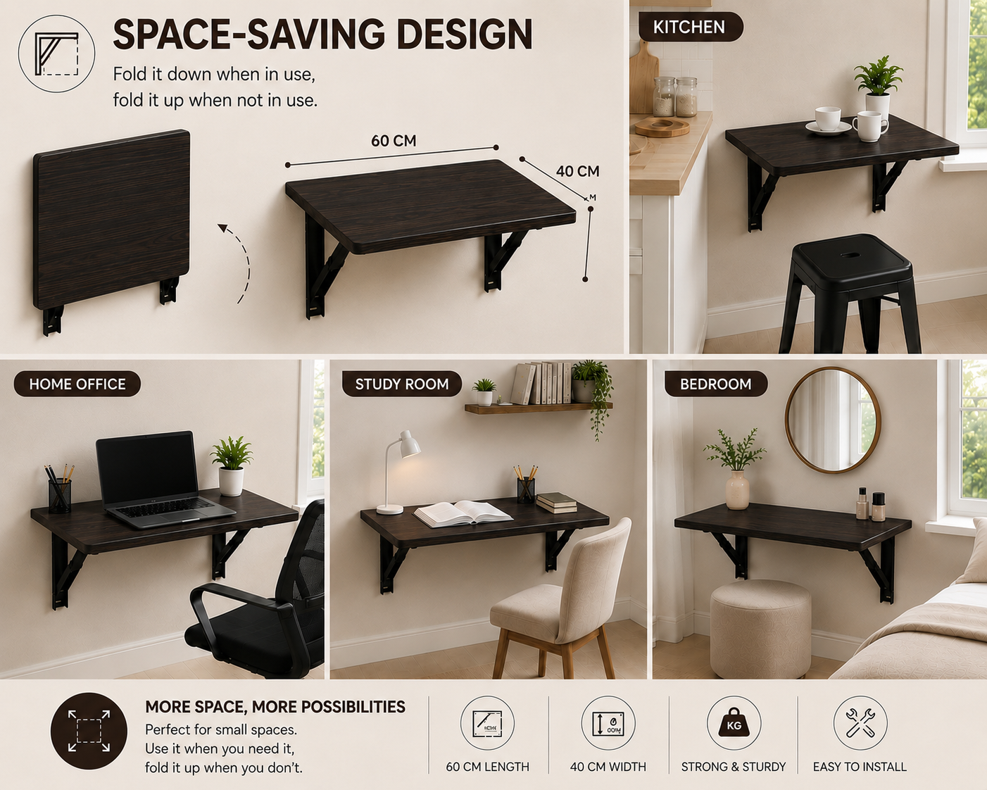 PEDPIX Wall-Mounted Folding Study Table – 60 × 40 cm | Space-Saving Foldable Laptop Desk for Home, Office & Small Rooms | Dark Brown