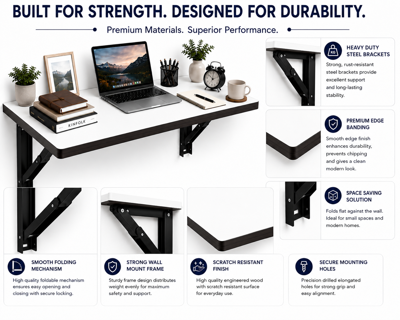PEDPIX Wall-Mounted Folding Table 120 × 40 cm | Space-Saving Foldable Wall Desk | Engineered Wood | Study, Work & Dining Table