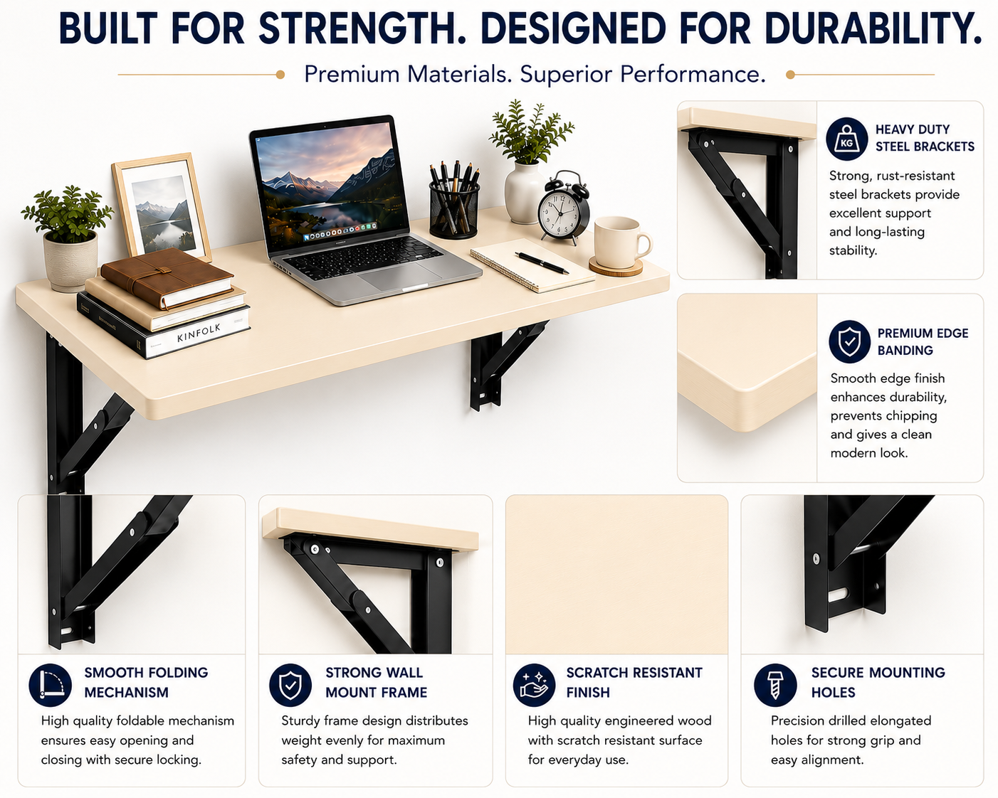 PEDPIX Wall-Mounted Folding Table 120 × 40 cm | Space-Saving Foldable Wall Desk | Engineered Wood | Study, Work & Dining Table