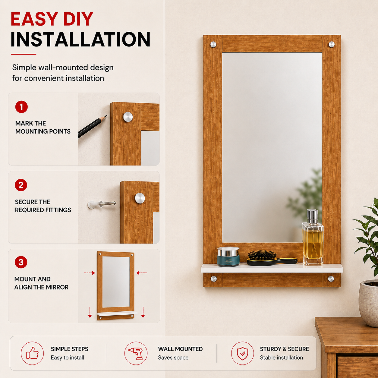 PEDPIX Wall Mounted Dressing Mirror with Storage Shelf | Wooden Bathroom & Bedroom Vanity Mirror | Engineered Wood | 72 x 40 cm