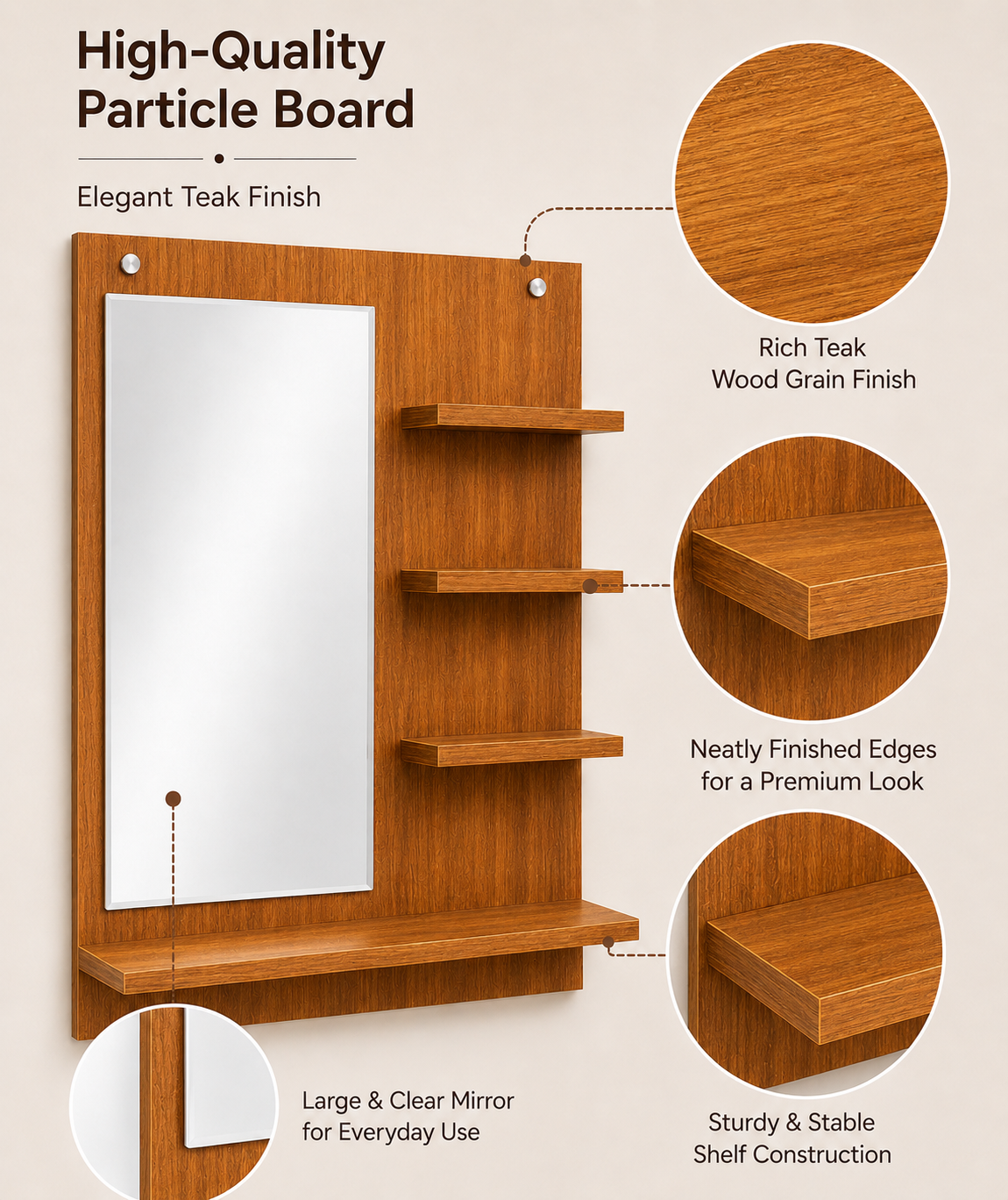 PEDPIX Wall-Mounted Dressing Mirror with Storage Shelves | 80 × 60 cm Space-Saving Vanity Mirror | Engineered Wood | Bedroom & Dressing Room Organizer