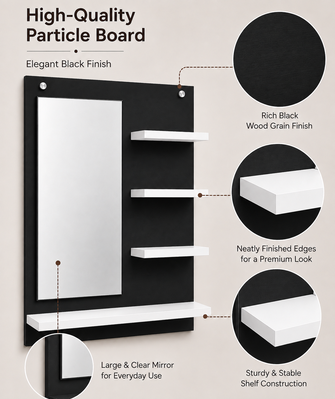 PEDPIX Wall-Mounted Dressing Mirror with Storage Shelves | 80 × 60 cm Space-Saving Vanity Mirror | Engineered Wood | Bedroom & Dressing Room Organizer