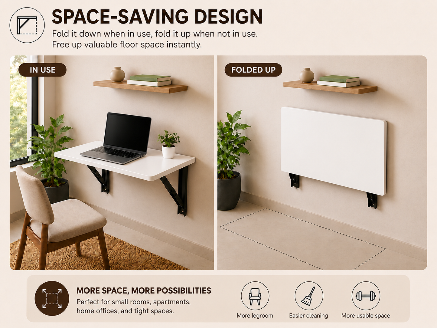 PEDPIX Wall-Mounted Folding Study Table – 60 × 40 cm | Space-Saving Foldable Laptop Desk for Home, Office & Small Rooms | Dark Brown