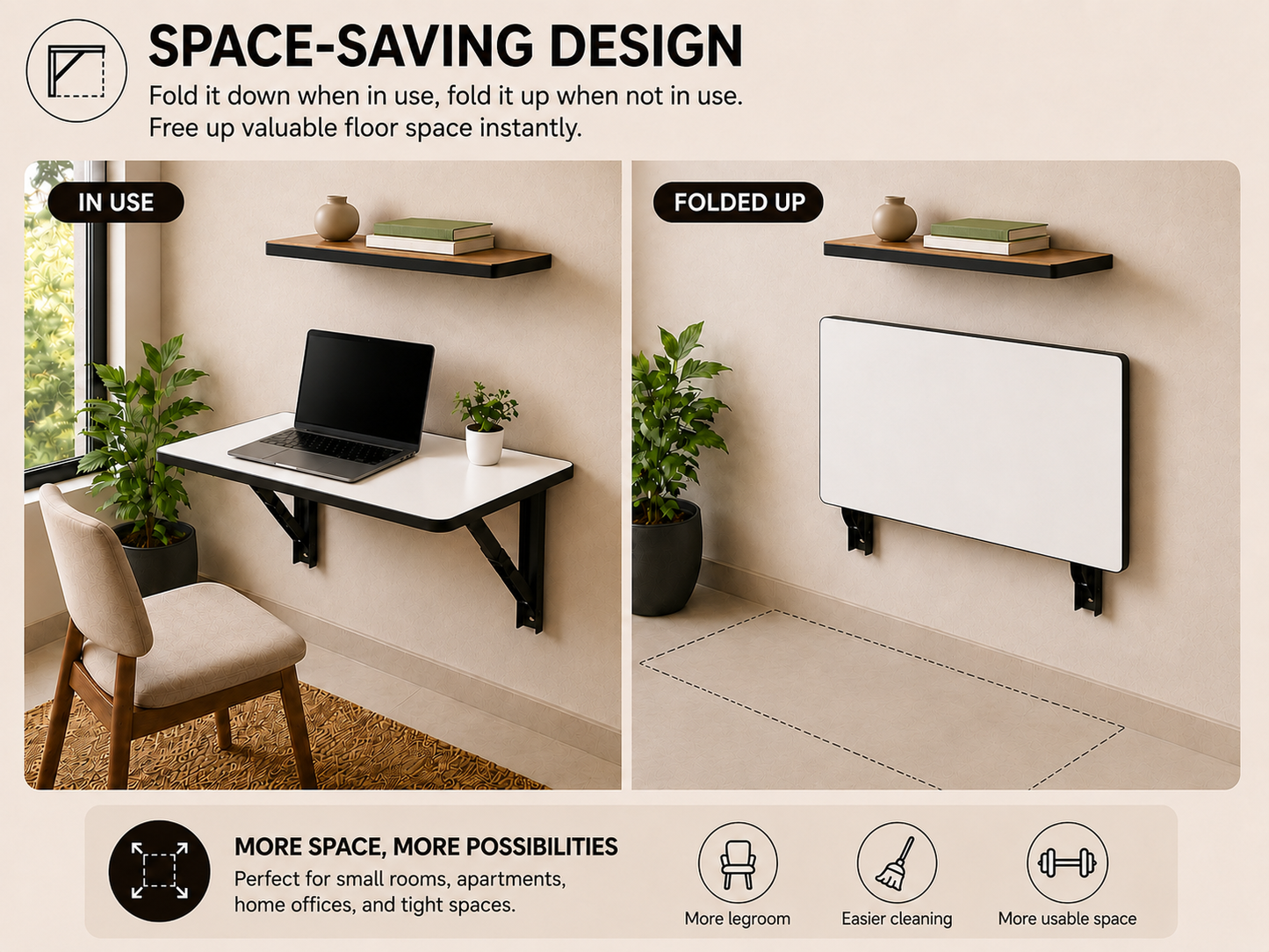 PEDPIX Wall-Mounted Folding Study Table – 60 × 40 cm | Space-Saving Foldable Laptop Desk for Home, Office & Small Rooms | Dark Brown