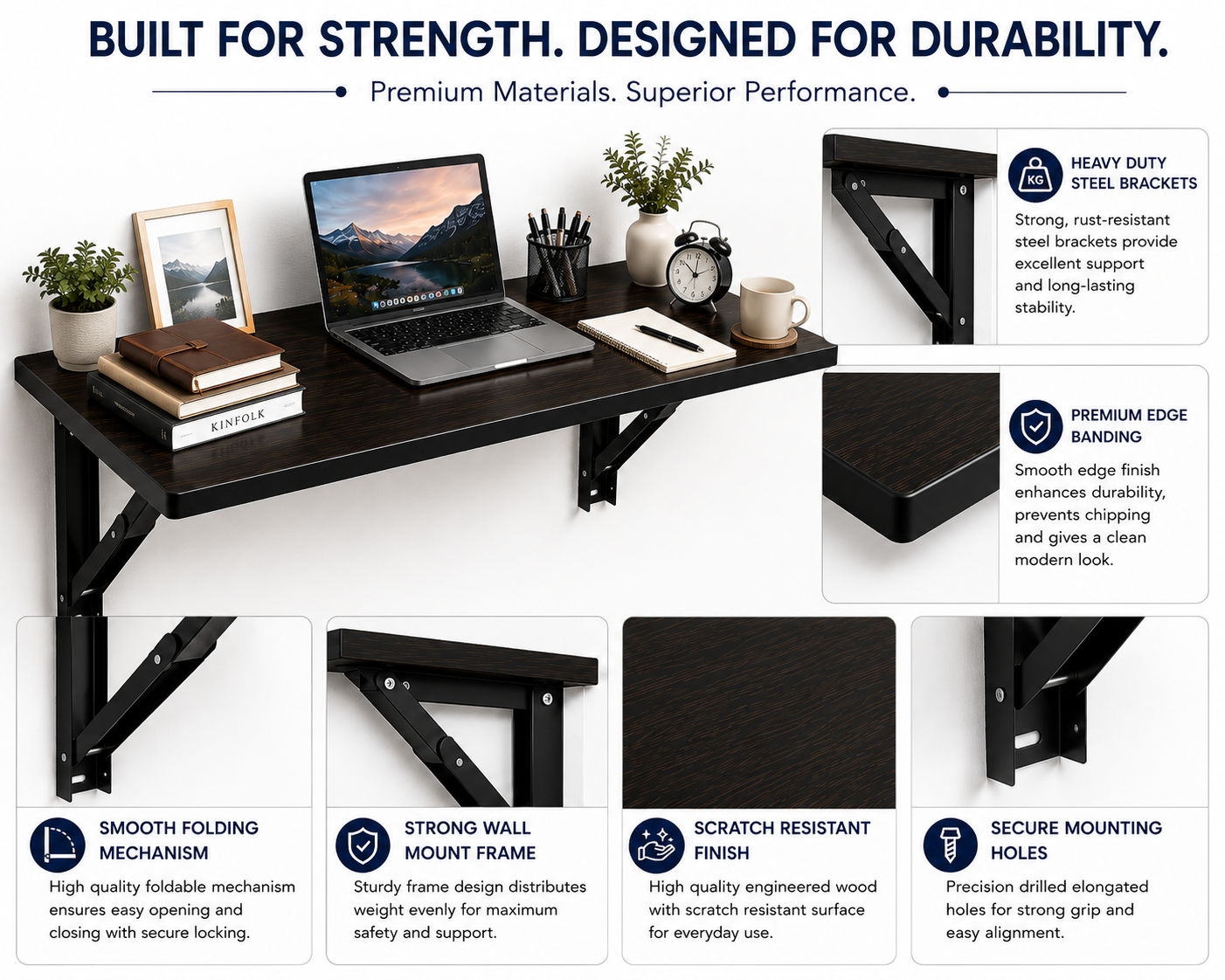 PEDPIX Wall-Mounted Folding Table 120 × 40 cm | Space-Saving Foldable Wall Desk | Engineered Wood | Study, Work & Dining Table