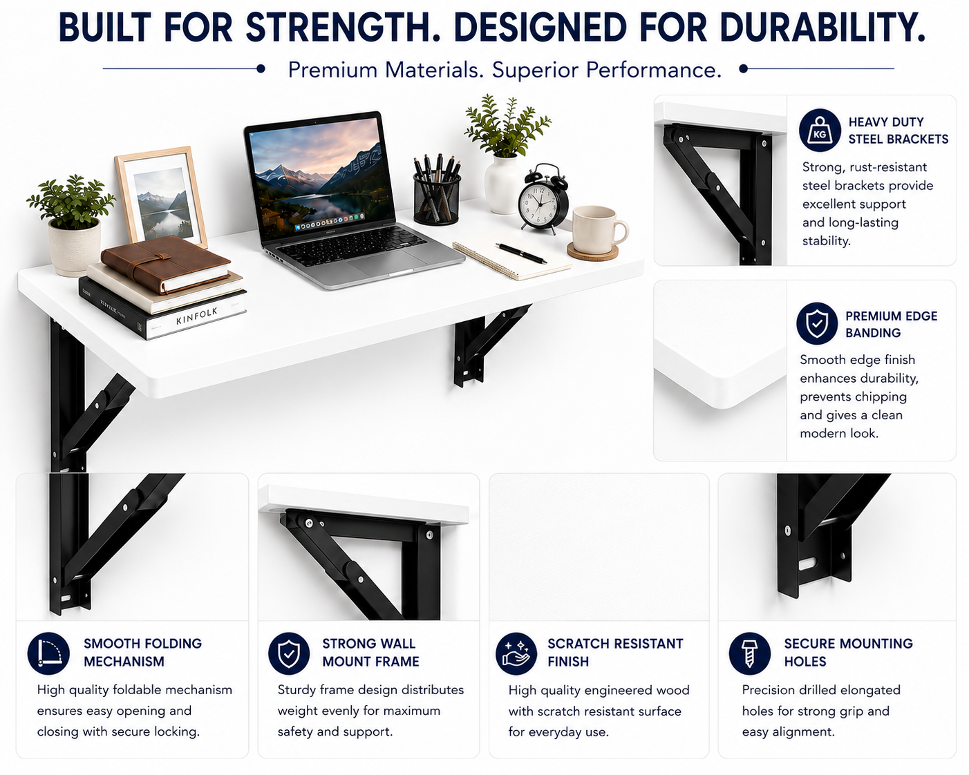 PEDPIX Wall-Mounted Folding Table 120 × 40 cm | Space-Saving Foldable Wall Desk | Engineered Wood | Study, Work & Dining Table