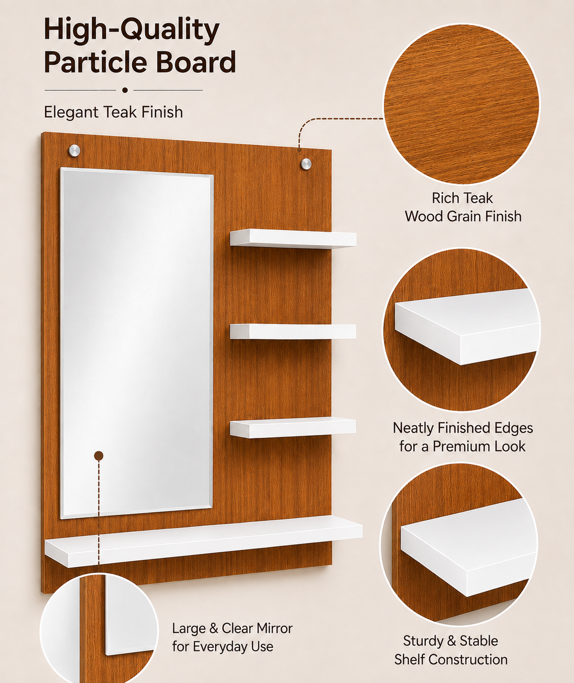 PEDPIX Wall-Mounted Dressing Mirror with Storage Shelves | 80 × 60 cm Space-Saving Vanity Mirror | Engineered Wood | Bedroom & Dressing Room Organizer