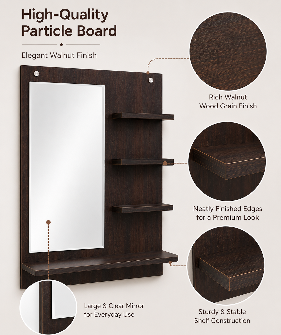 PEDPIX Wall-Mounted Dressing Mirror with Storage Shelves | 80 × 60 cm Space-Saving Vanity Mirror | Engineered Wood | Bedroom & Dressing Room Organizer