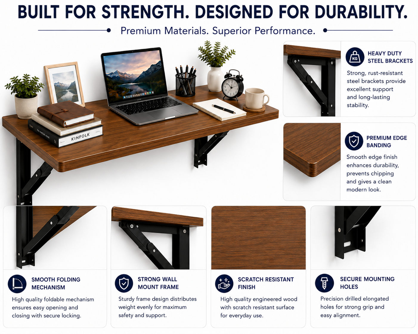 PEDPIX Wall-Mounted Folding Table 120 × 40 cm | Space-Saving Foldable Wall Desk | Engineered Wood | Study, Work & Dining Table