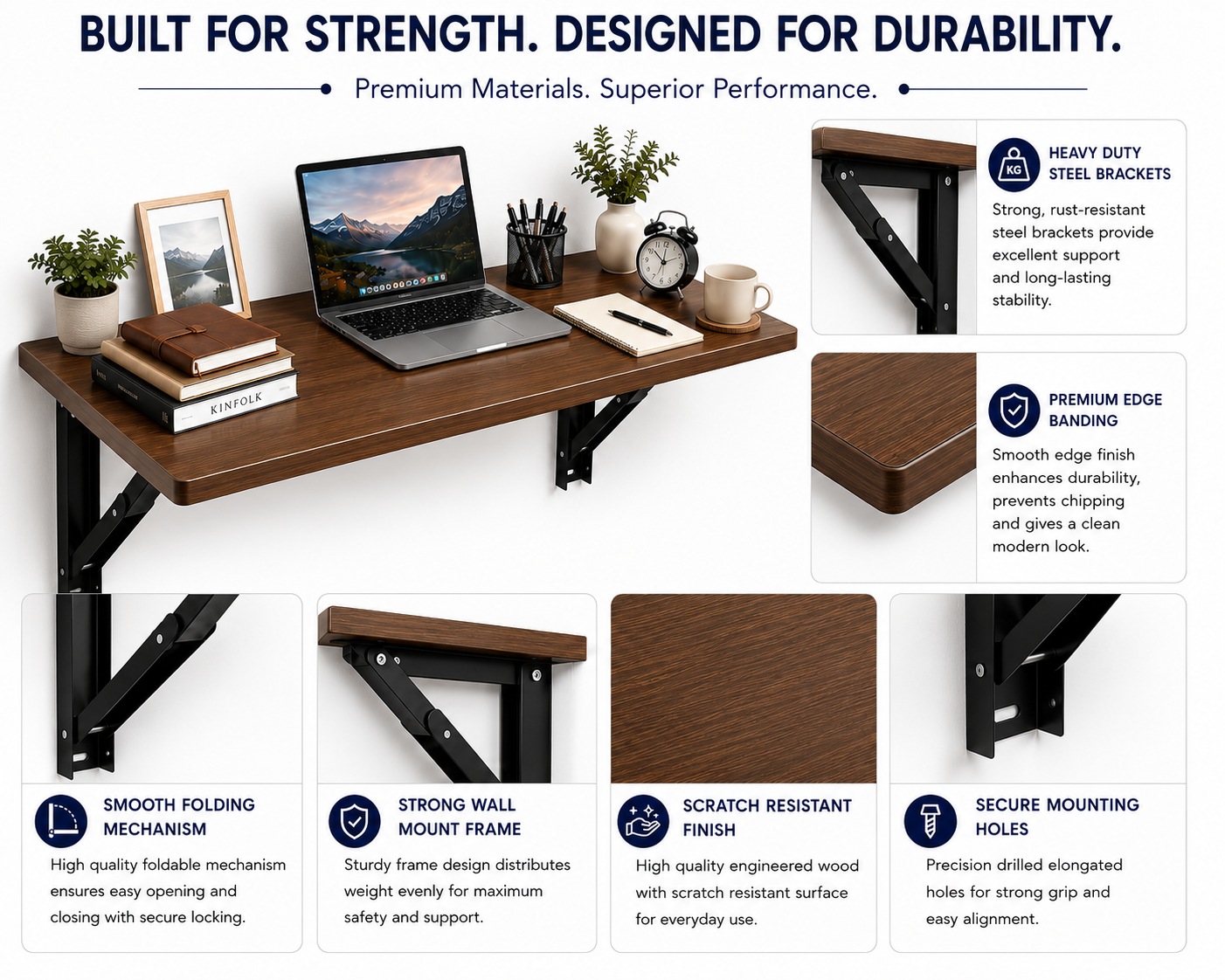 PEDPIX Wall-Mounted Folding Table 120 × 40 cm | Space-Saving Foldable Wall Desk | Engineered Wood | Study, Work & Dining Table