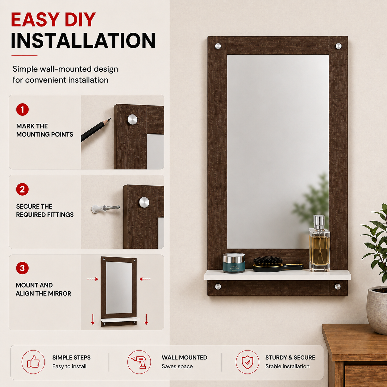 PEDPIX Wall Mounted Dressing Mirror with Storage Shelf | Wooden Bathroom & Bedroom Vanity Mirror | Engineered Wood | 72 x 40 cm