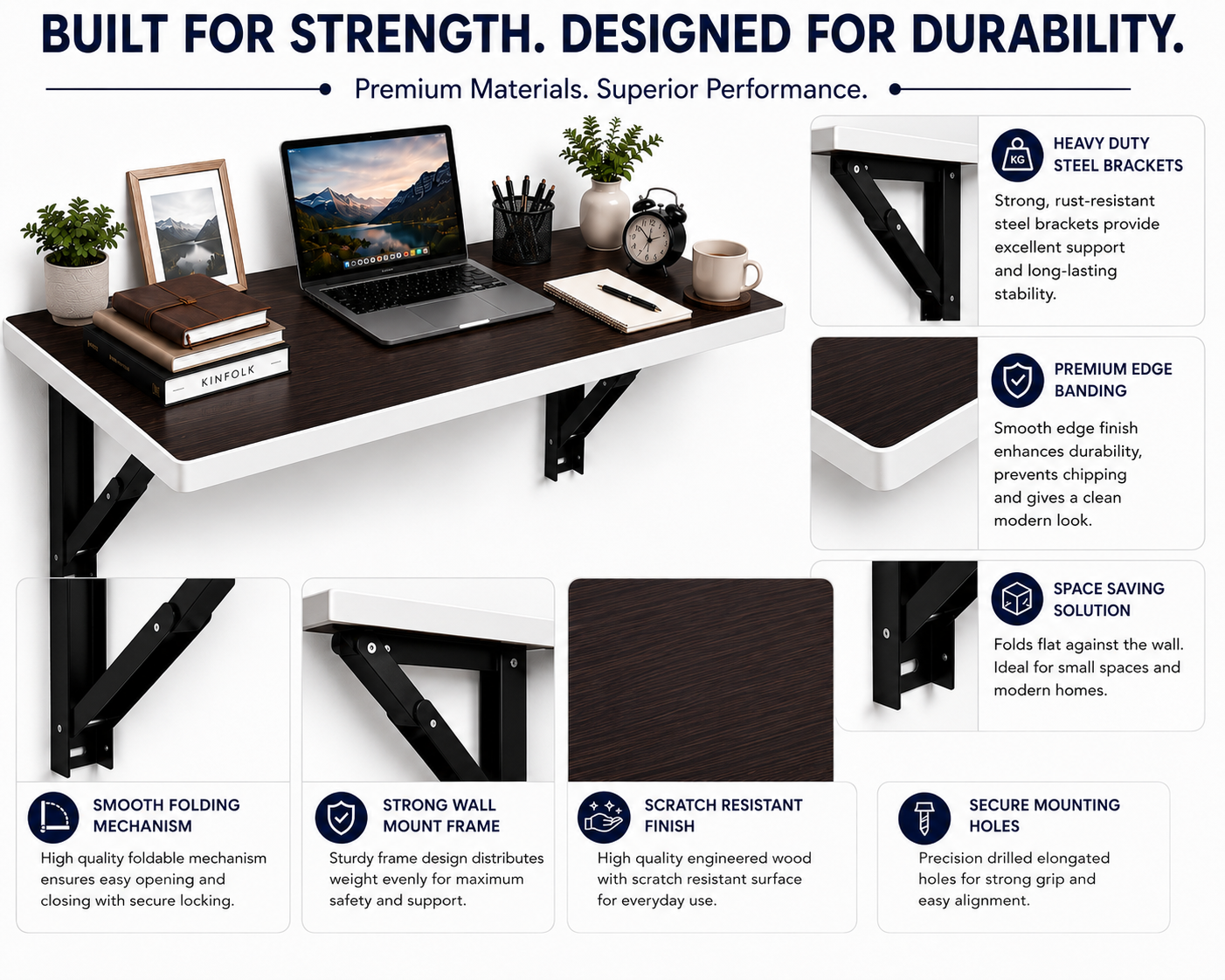 PEDPIX Wall-Mounted Folding Table 120 × 40 cm | Space-Saving Foldable Wall Desk | Engineered Wood | Study, Work & Dining Table