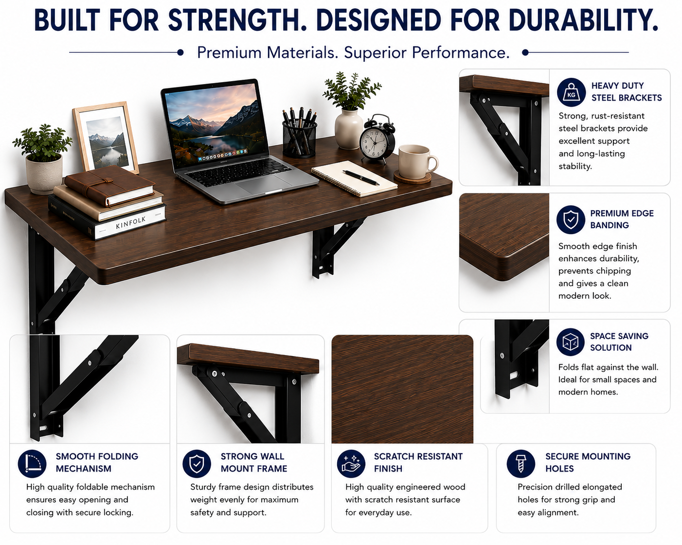 PEDPIX Wall-Mounted Folding Table 120 × 40 cm | Space-Saving Foldable Wall Desk | Engineered Wood | Study, Work & Dining Table
