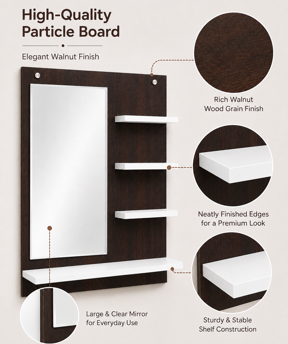 PEDPIX Wall-Mounted Dressing Mirror with Storage Shelves | 80 × 60 cm Space-Saving Vanity Mirror | Engineered Wood | Bedroom & Dressing Room Organizer