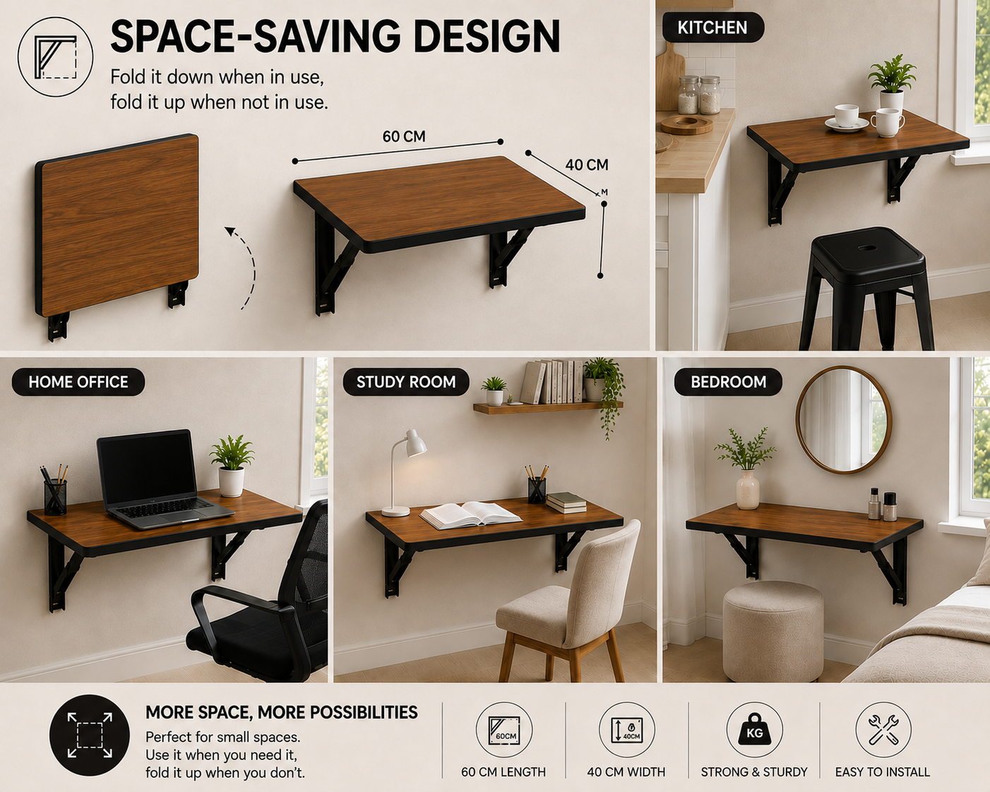 PEDPIX Wall-Mounted Folding Study Table – 60 × 40 cm | Space-Saving Foldable Laptop Desk for Home, Office & Small Rooms | Dark Brown