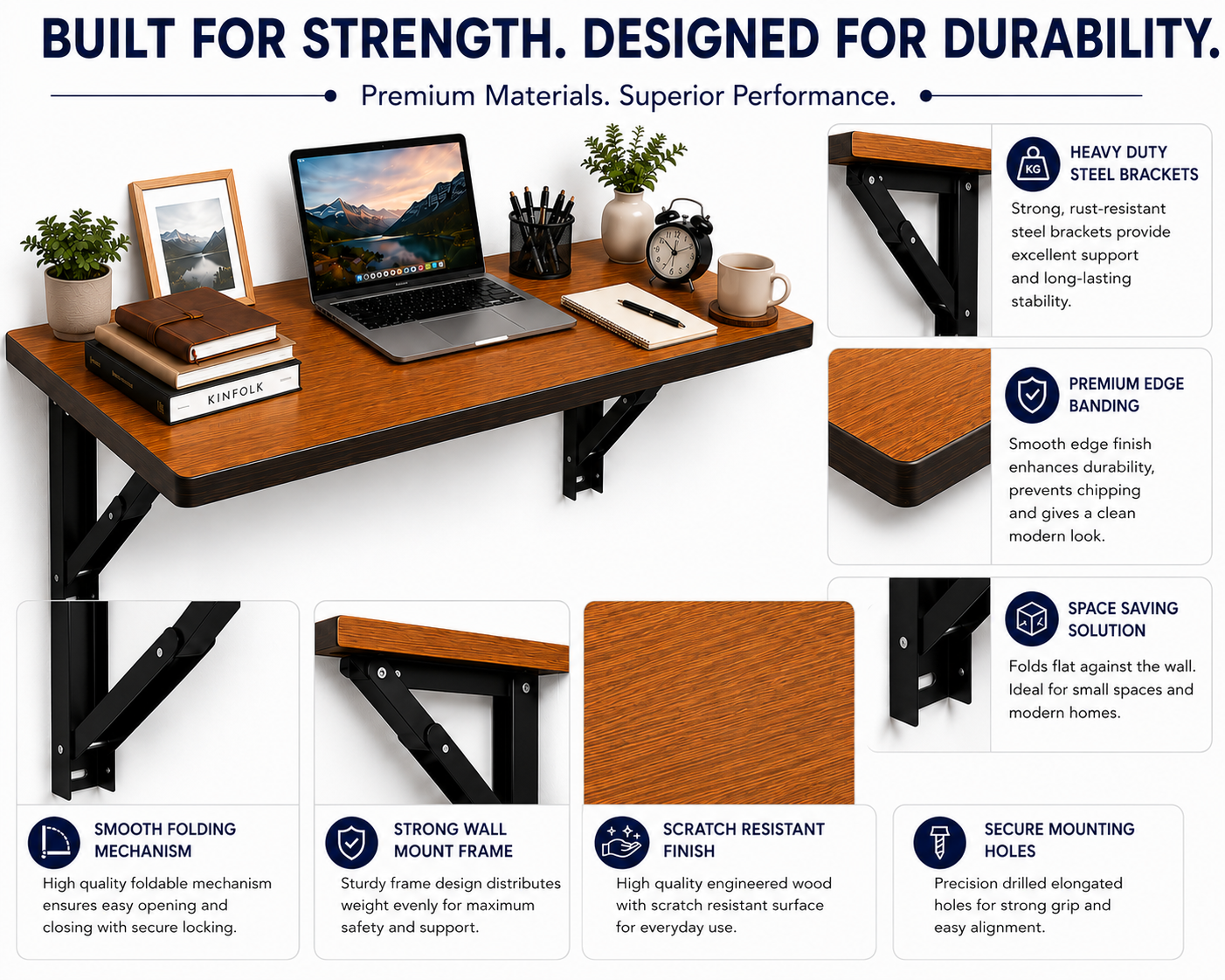 PEDPIX Wall-Mounted Folding Table 120 × 40 cm | Space-Saving Foldable Wall Desk | Engineered Wood | Study, Work & Dining Table
