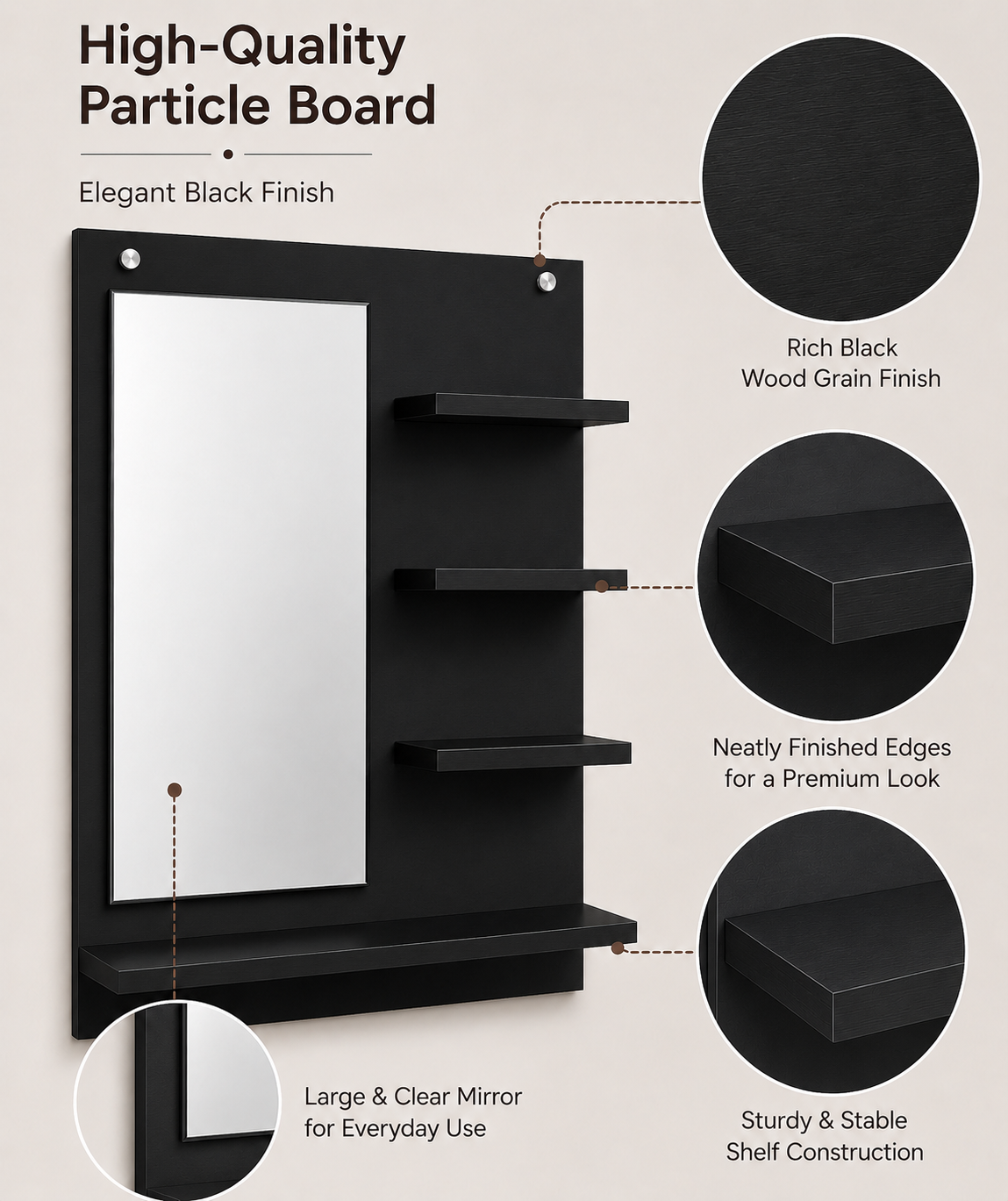 PEDPIX Wall-Mounted Dressing Mirror with Storage Shelves | 80 × 60 cm Space-Saving Vanity Mirror | Engineered Wood | Bedroom & Dressing Room Organizer