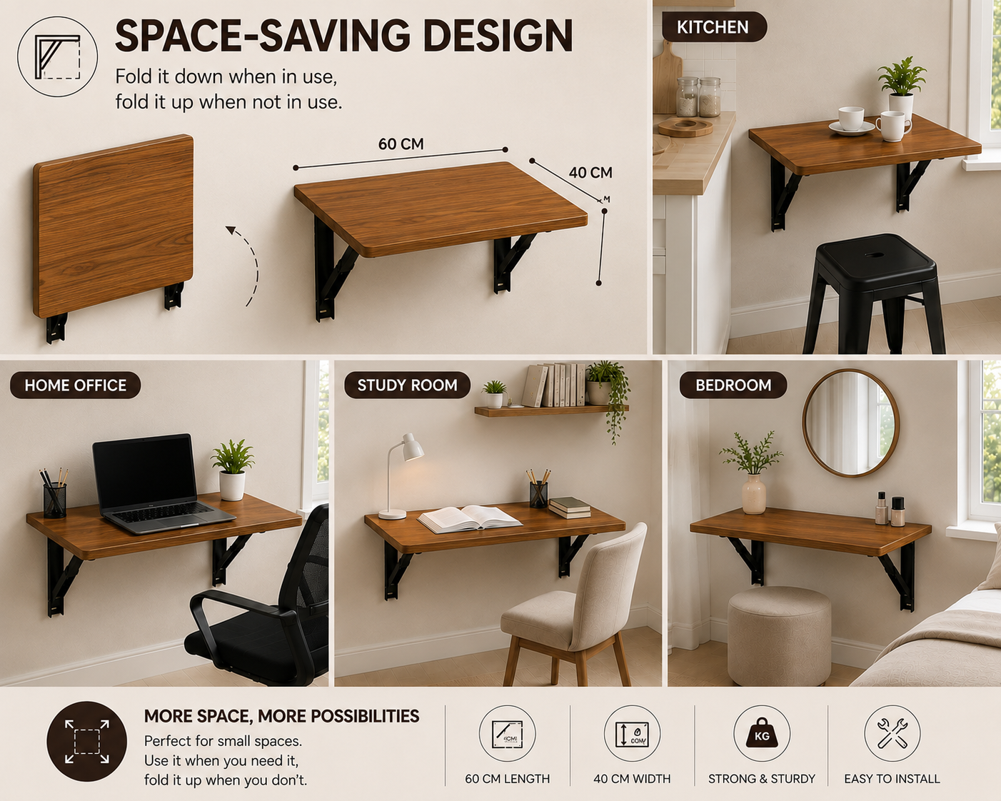 PEDPIX Wall Mounted Foldable Table | Teak Finish | Heavy Duty Folding Wall Desk | Space Saving Study, Work & Dining Table | Premium Engineered Wood | 120 × 40 cm