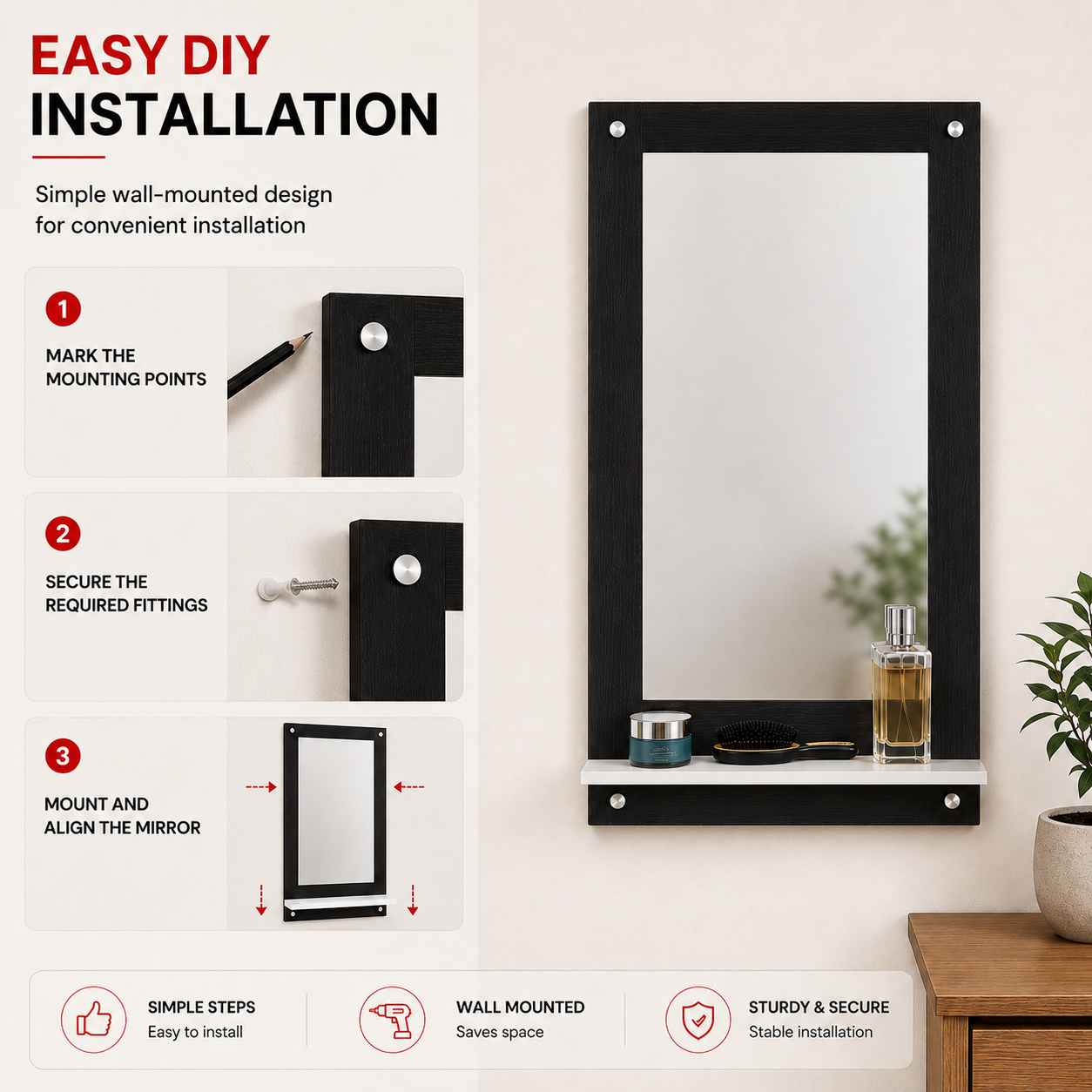 PEDPIX Wall Mounted Dressing Mirror with Storage Shelf | Wooden Bathroom & Bedroom Vanity Mirror | Engineered Wood | 72 x 40 cm