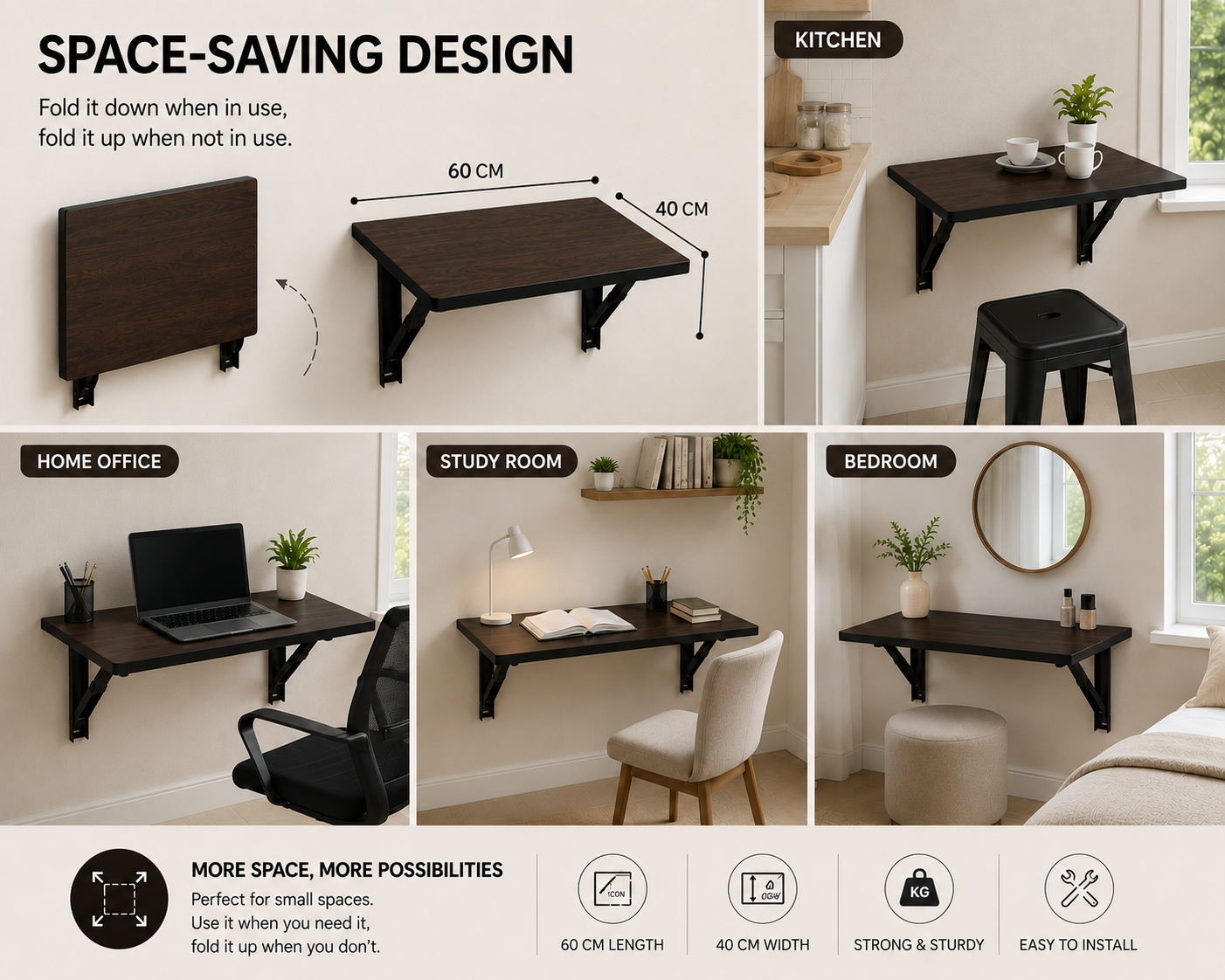 PEDPIX Wall Mounted Folding Table | Coffee & Venge | Foldable Space-Saving Wall Desk | 60 × 40 cm