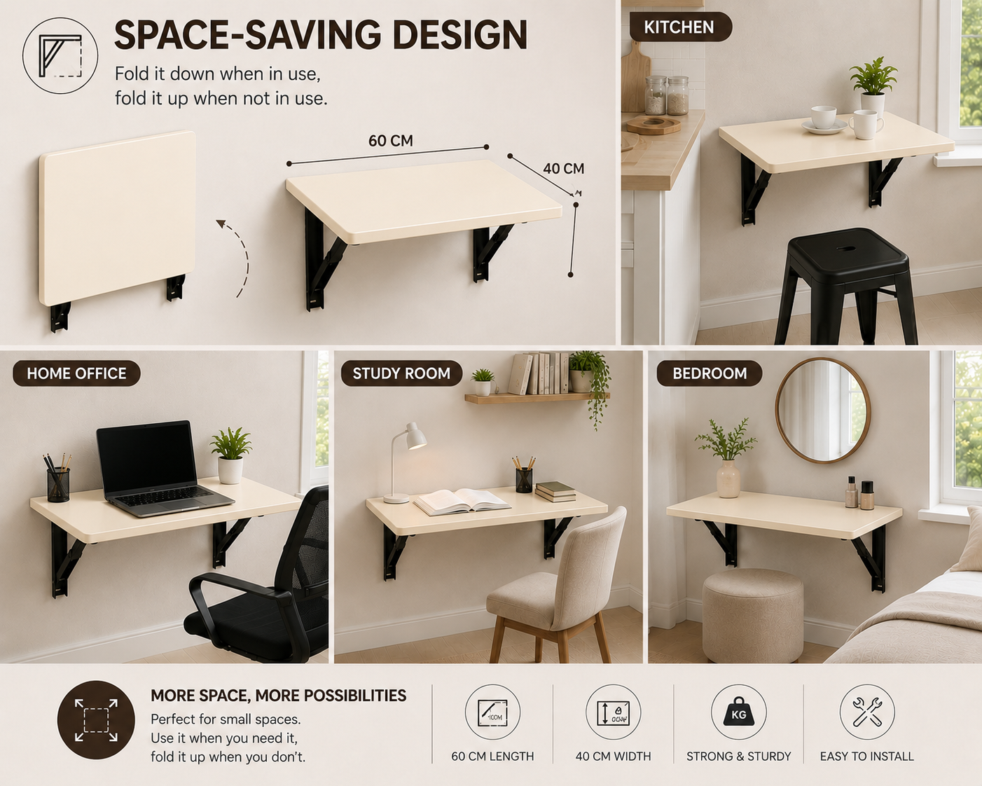 PEDPIX Wall Mounted Folding Table | Cream | Foldable Space-Saving Wall Desk | 60 × 40 cm