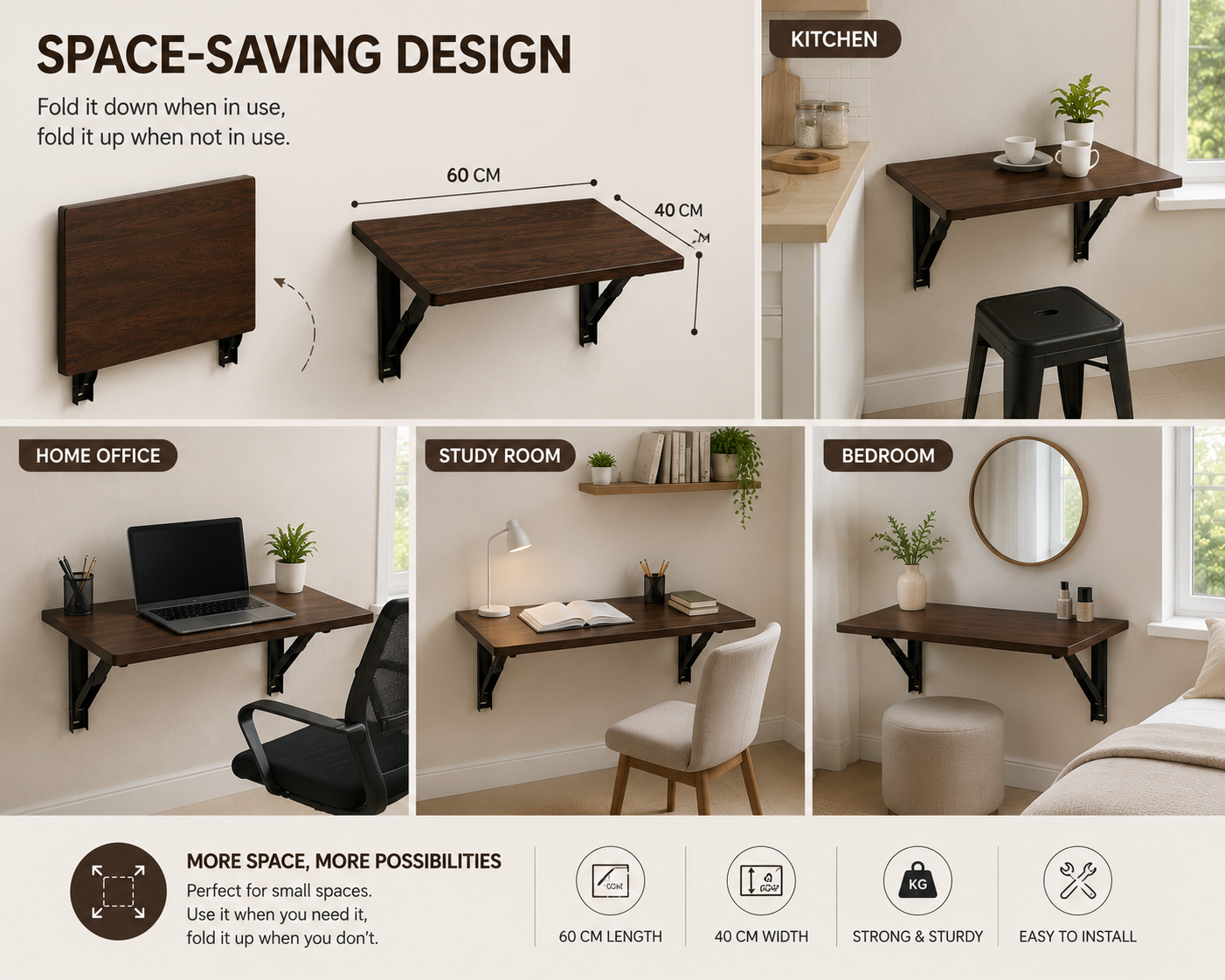 PEDPIX Wall-Mounted Folding Study Table – 60 × 40 cm | Space-Saving Foldable Laptop Desk for Home, Office & Small Rooms | Dark Brown
