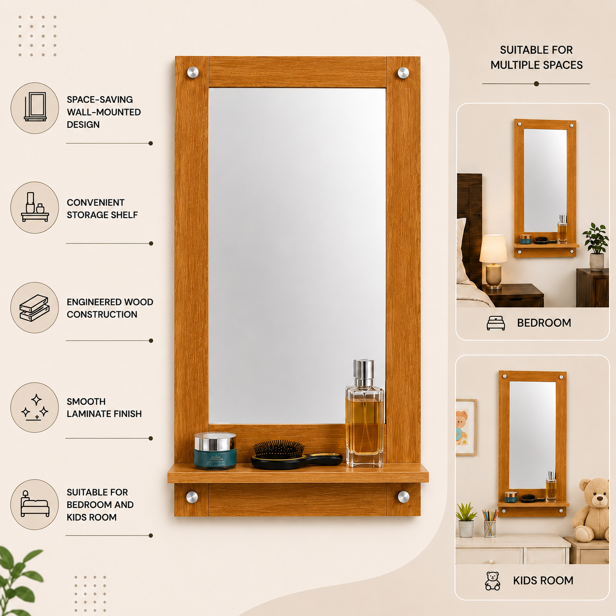 PEDPIX Wall Mounted Dressing Mirror with Storage Shelf | Wooden Bathroom & Bedroom Vanity Mirror | Engineered Wood | 72 x 40 cm
