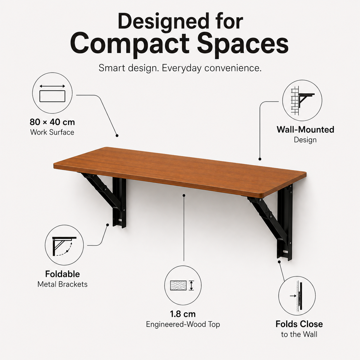 PEDPIX Wall Mounted Folding Table 80 × 40 cm – Teak | Space-Saving Foldable Wall Desk