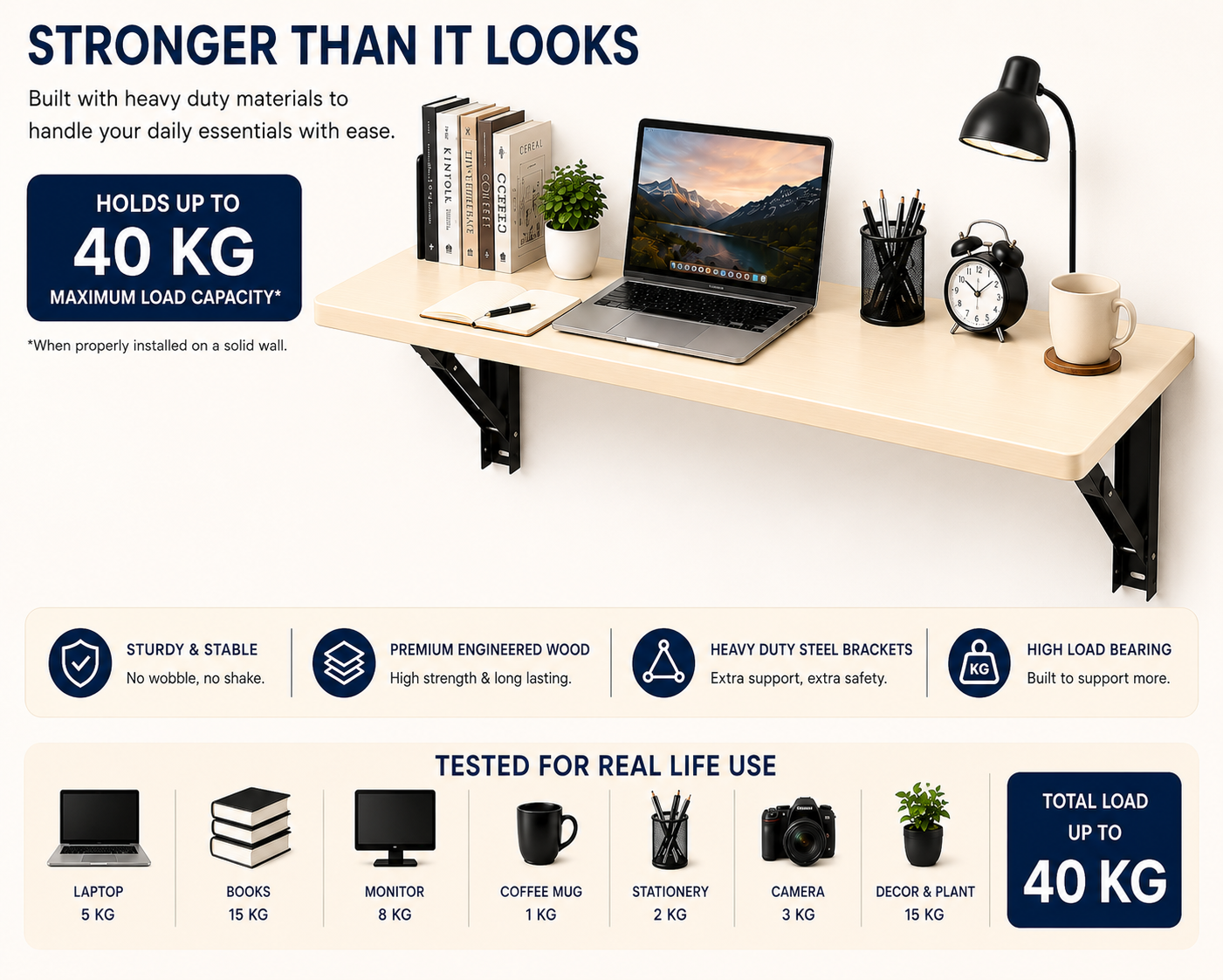 PEDPIX Wall-Mounted Folding Table 120 × 40 cm | Space-Saving Foldable Wall Desk | Engineered Wood | Study, Work & Dining Table