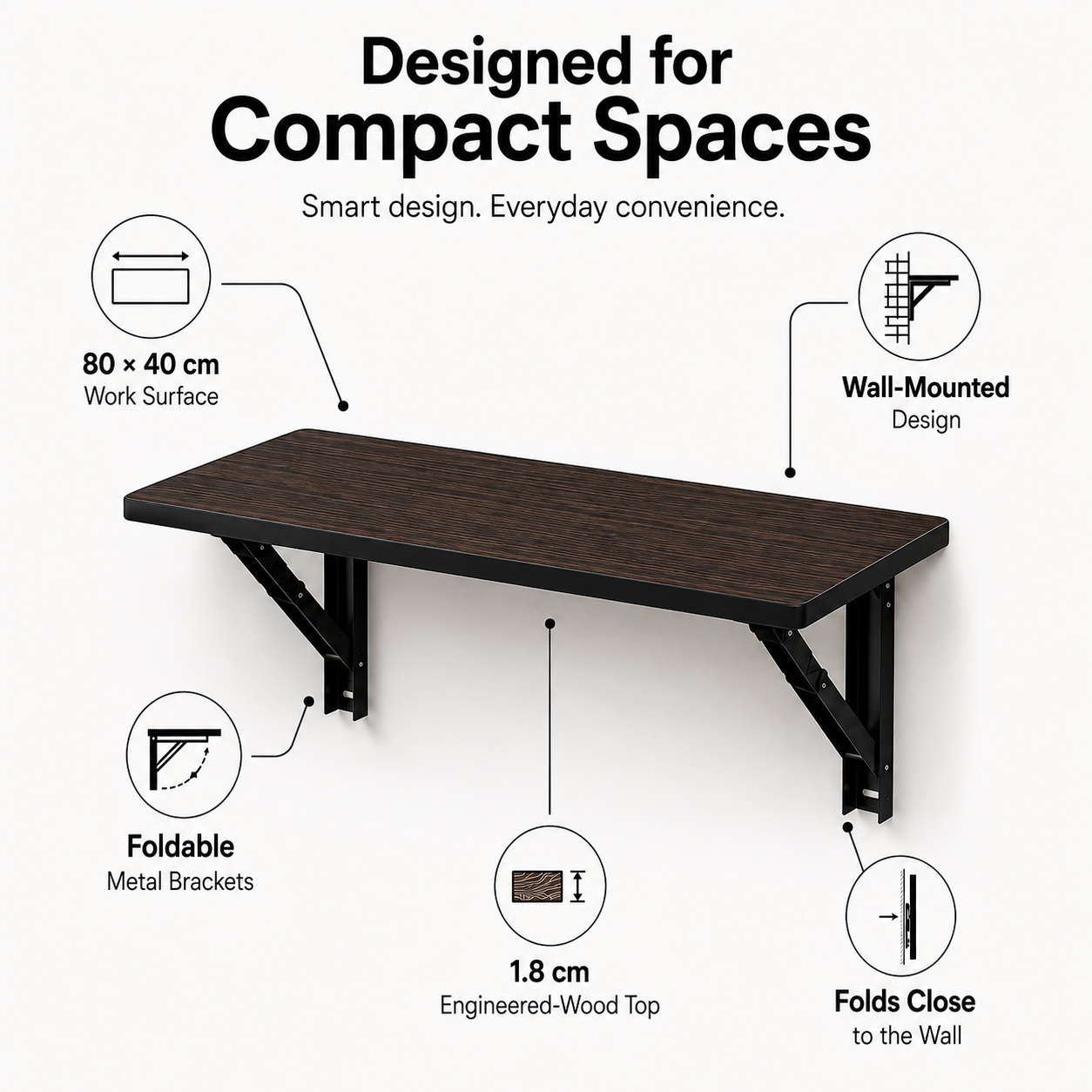 PEDPIX® Wall Mounted Folding Table | 80 × 40 cm | Coffee Venge | Space-Saving Foldable Wall Desk