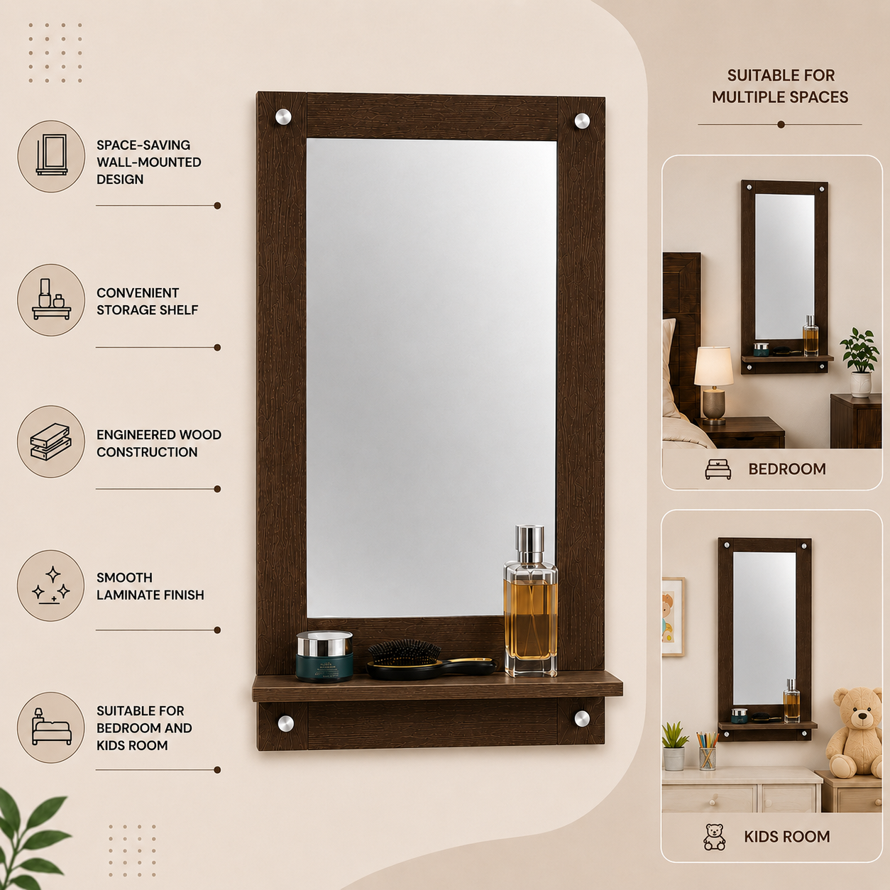 PEDPIX Wall Mounted Dressing Mirror with Storage Shelf | Wooden Bathroom & Bedroom Vanity Mirror | Engineered Wood | 72 x 40 cm
